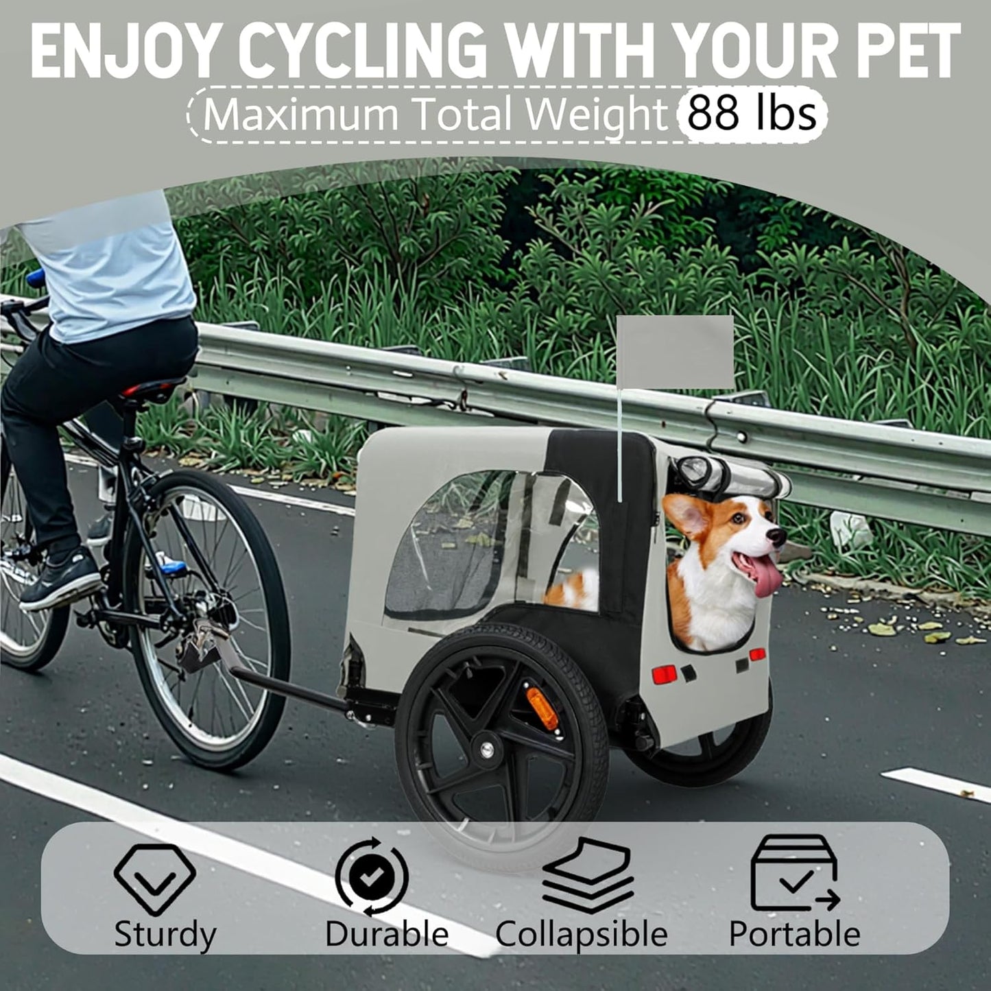 Pet Bike Trailer for Dogs, 88LBS Capacity Dog Bicycle Trailer with 20" Pneumatic Rubber Wheels, Multi-Directional Ventilation, Waterproof Cover, Perfect for Cycling with Pets