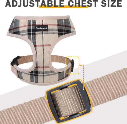 SCENEREAL No Pull Dog Harness Collar and Leash Set for Small Sized Dogs, Soft Mesh Step in Plaid Puppy Harnesses for Fall Winter, Pet Vest for Outdoor Walking Training and Running, Beige XS