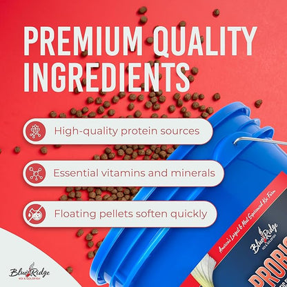 Blue Ridge Koi Fish Food 14lb - Koi Food 3/16” Probiotic Plus, Goldfish Food, Premium Fish Food for Ponds, Ponds Fish Food, Fall and Winter, Floating Pond Pellets
