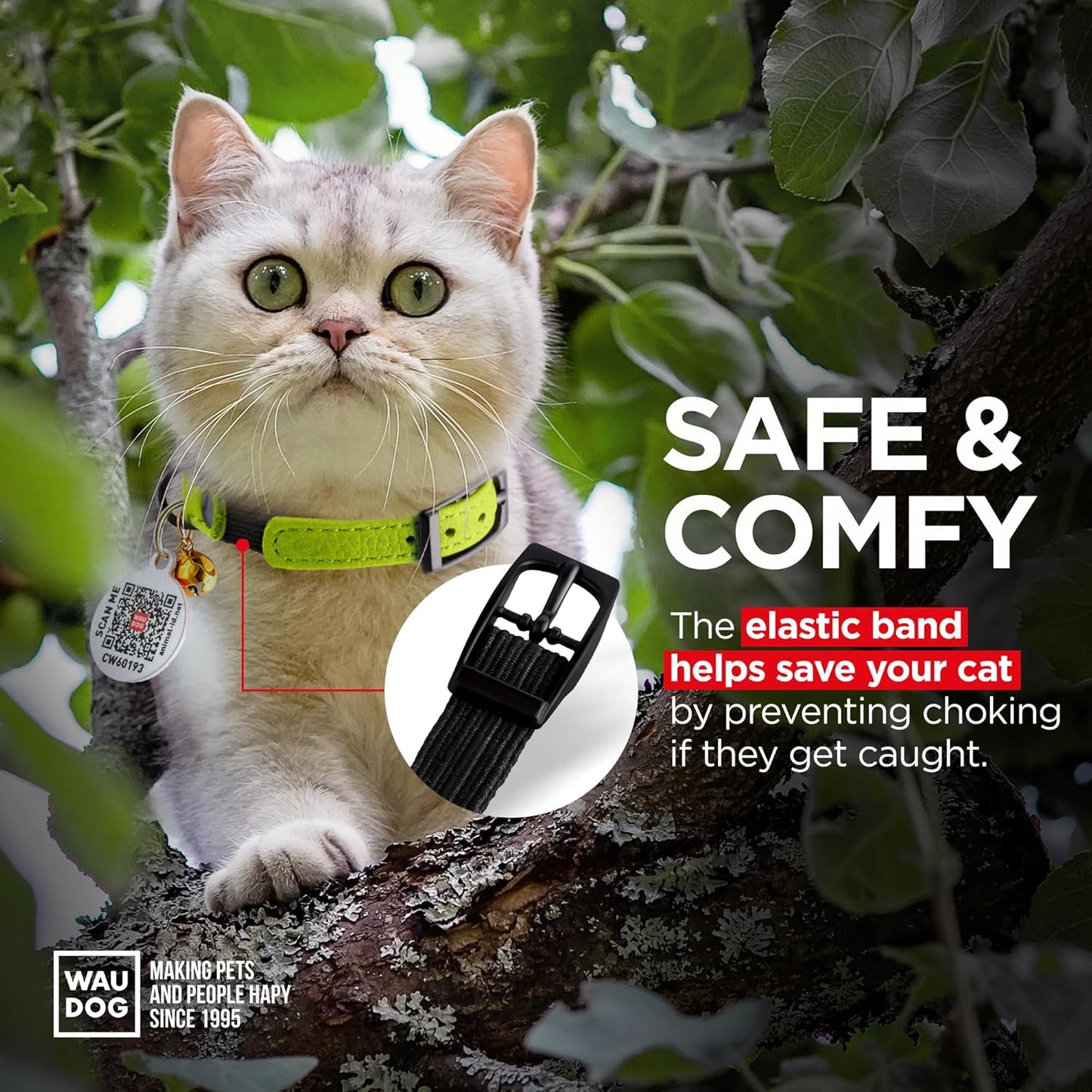 Leather Cat Collar with Bell and Safety Elastic Strap Breakaway Alternative for Small & Large Kittens, Stylish Pet Leather Collar for Boy, Girl Cats with Metal Buckle & QR ID Tag (Green)