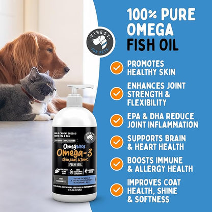 Omegease Fish Oil for Dogs & Cats - Finest for Pets Omega 3 for Cats & Dogs - Supplement for Skin & Coat, Itching, Shedding, Joints & Immune Health - 100% Pure Omega Fish Oil with EPA & DHA (32 oz)