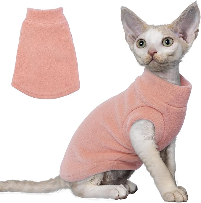 PUMYPOREITY Cat Sweater, Warm Kitten Clothes, Fleece Winter Coat for Hairless Cats, Soft Dog Fleece Vest, Cold Weather Pet Sweater for Dogs and Cats, Pink, S