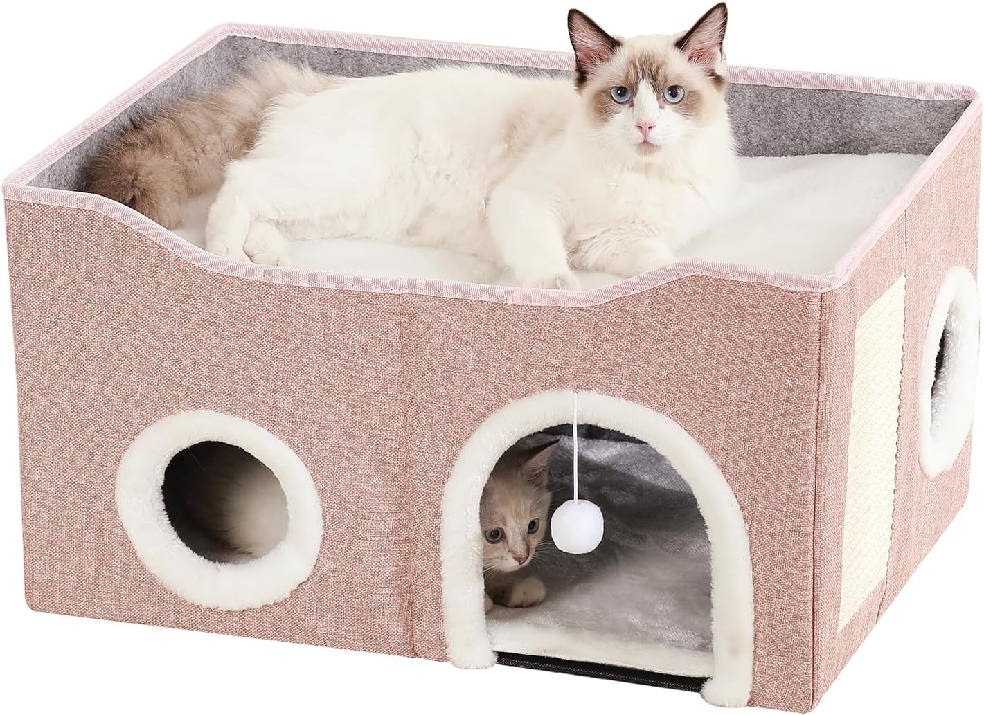 Large Cat Bed for Indoor Cats, Extra Wide Cat Cave House with Scratch Pad and Fluffy Ball, Foldable Cat Hideaway for Kitten Bed, Cat Condo for Cats (Pink, X-Large)