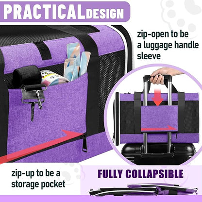 Pet Carrier for Large Cat 20 lbs+ / Soft Sided Small Dog 12 Pounds Travel Crate Top Load/Collapsible Kitty Carry Bag Big Kitten Mesh/Sturdy Animal Transport cage Kennel Long Trips Purple