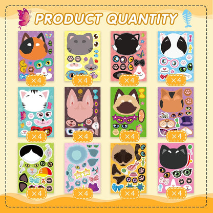 48 Sheets Cat Stickers,Make a Face Stickers for Kids, Make Your Own Cat Sticker, Animal Sticker for Kids 3-5, Brithday Gift Party Favors, Teacher Reward Classroom Games Craft