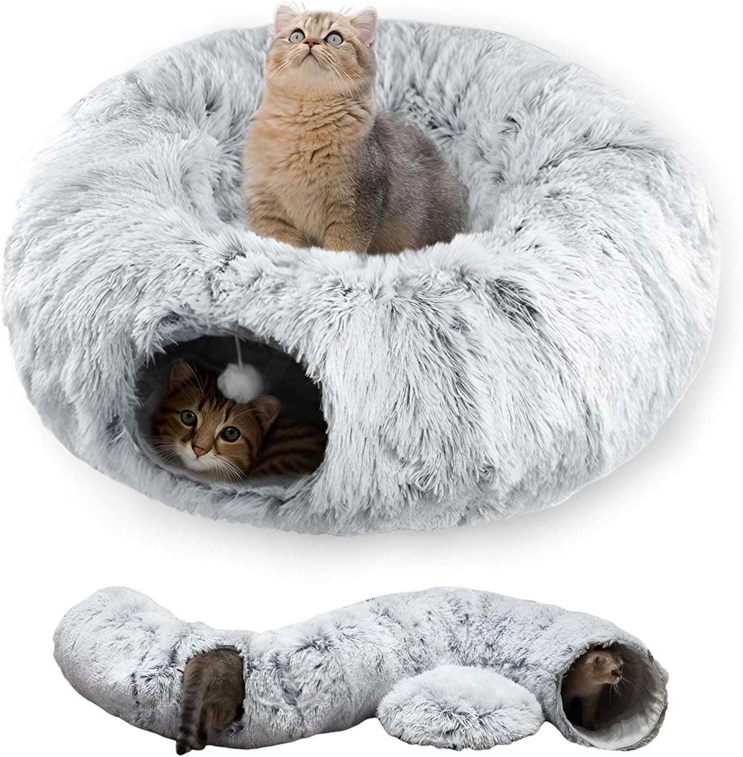 Cat Tunnel Bed for Indoor Cats with Washable Cushion Cat Cave Donut Tunnel with Fluffy Ball Big Round Tube Pet Playground Toys Soft Plush Peekaboo for Kitten, Cat, Puppy, Rabbit, Ferret