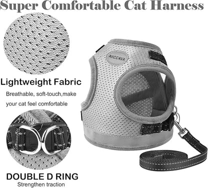 Cat Harness and Leash for Walking, Kitten Escape Proof Harnesses, Adjustable Reflective Puppy Harness with Leashes Set, Easy Adjustable Soft net Breathable Pet Safety Vest Grey