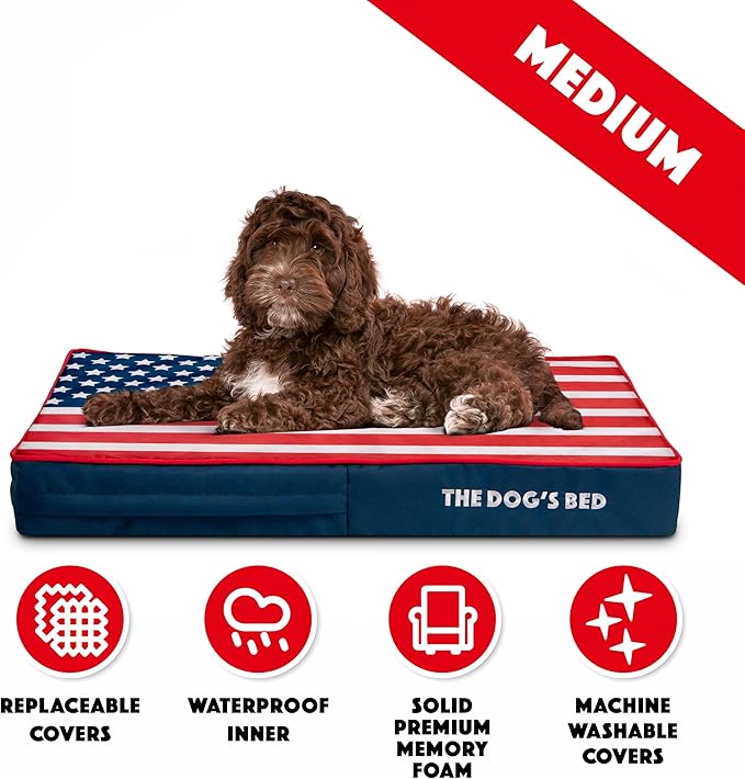The Dog’s Bed Orthopedic Memory Foam Dog Bed, Medium Blue & Red Trim USA Center Flag, Pain Relief for Arthritis, Hip & Elbow Dysplasia, Post Surgery, Supportive, Calming, Waterproof Washable