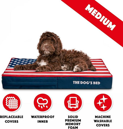 The Dog’s Bed Orthopedic Memory Foam Dog Bed, Medium Blue & Red Trim USA Center Flag, Pain Relief for Arthritis, Hip & Elbow Dysplasia, Post Surgery, Supportive, Calming, Waterproof Washable
