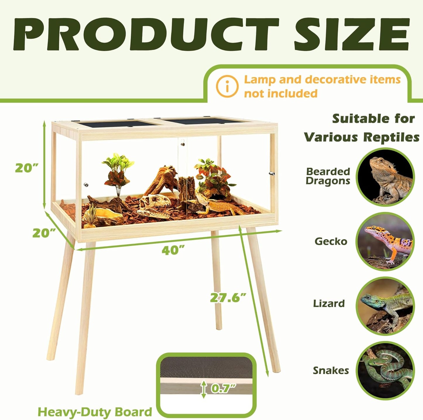 Prolee Bearded Dragon Tank with Leg Stand,Wooden Lizard Tank,Reptile Tank with Metal Mesh Roof Door, Acrylic Panel Snake Tank with Lock Design (Oak, 40"x20"x20")