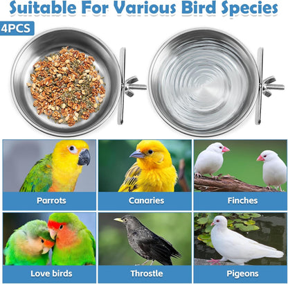 kathson 4 Pack Bird Feeding Dish Cups, Stainless Steel Parrot Feeders Water Cage Bowls with Clamp Holder Bird Feeders for Parakeet Cockatiels Conure Budgies Lovebird Finch and Small Animals