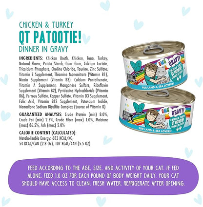 Weruva B.F.F. OMG - Best Feline Friend Oh My Gravy! Grain-Free Wet Cat Food Cans, QT Patootie! Chicken & Turkey, 2.8 oz Can (Pack of 12)