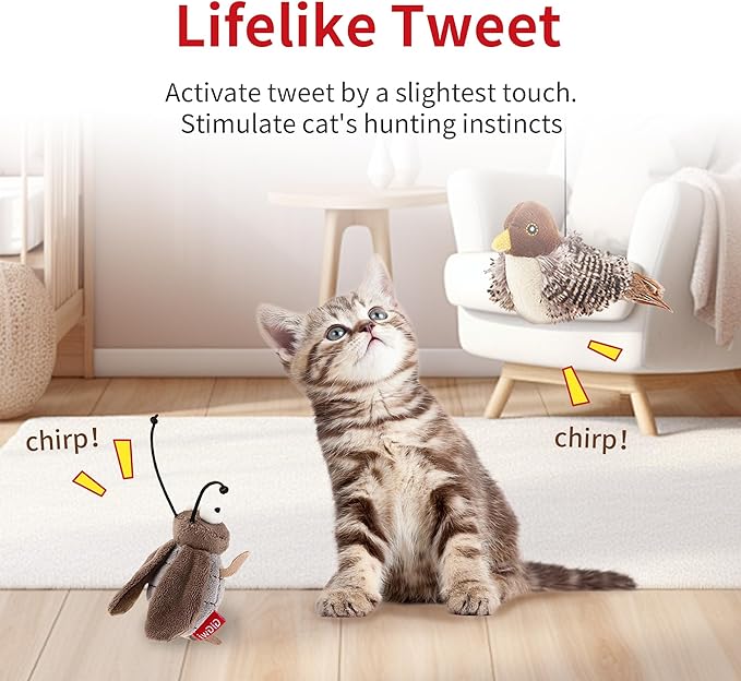 PETGEEK Gigwi Simulated Chirping Bird Cat Toy, Fake Toys for Indoor Cats, Cat Feather Toy with Hanging Loop for Bored Indoor Adult Cats Kittens Interactive Play (Bird-Cricket, Chirping)