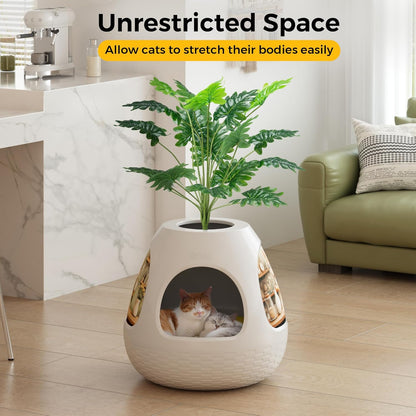 Copod8 Cat Cave, 3-in-1 Kitty House Condo with Plant, Cat Cushioned Bed, Cat Scratchers, Modern Cat Pet Furniture for Indoor, Kitty Hiding Spot (White, M)