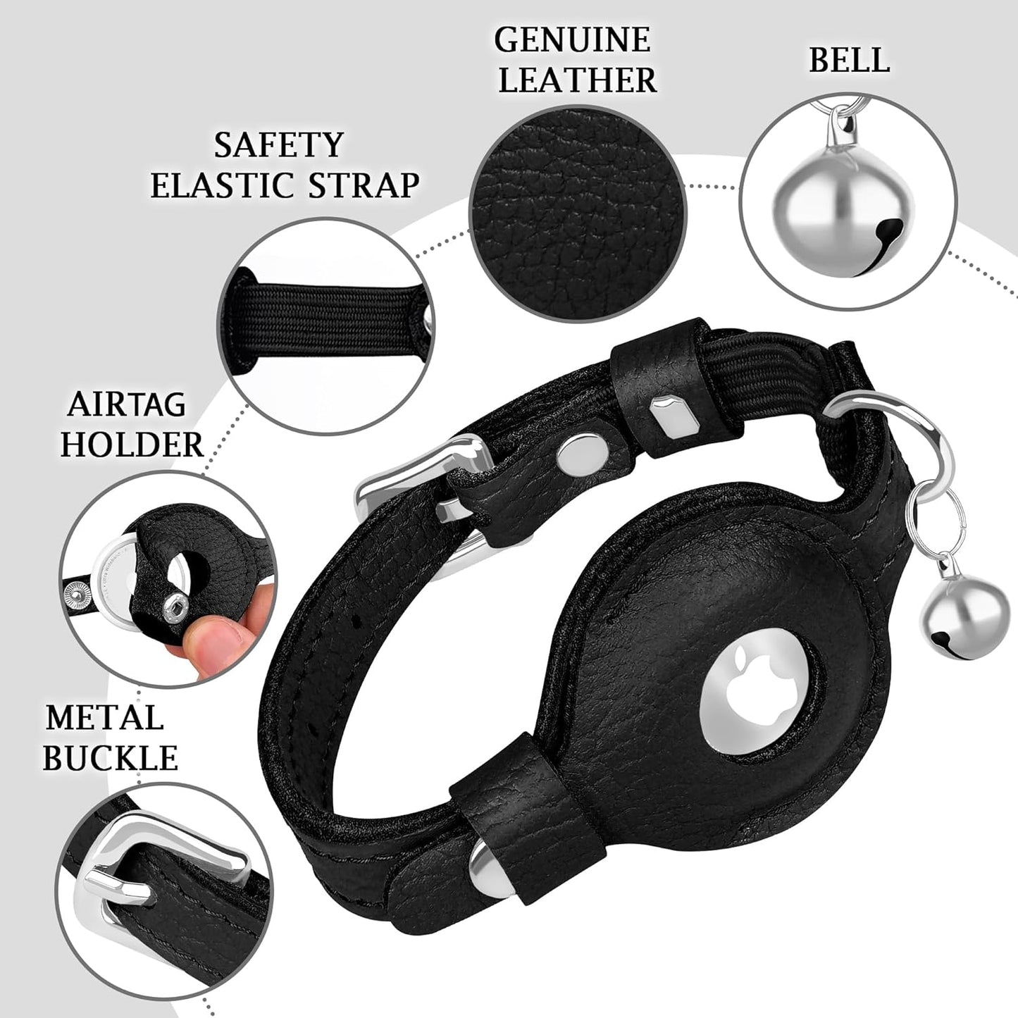 OOPSDOGGY Cat Collar for AirTag Holder, Leather Kitten Collars with Elastic Strap & Bell, Non Breakaway Adjustable Small Pet Collars for Indoor & Outdoor for Boy, Girl (Black)