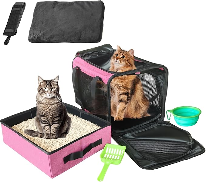HiCaptain Cat Travel Carrier Bag with Litter Box, Portable Soft Cat Carrier Bag Lightweight Leak-Proof Collapsible Litter Box for Cats, Fits for Kitten up to 15 lb to Travel, Camping, Hiking, or Hotel