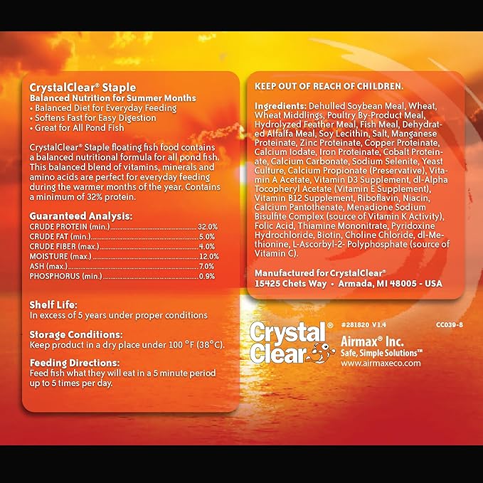 CrystalClear Staple Pond Fish Food for Healthy Koi & Goldfish, Protein Packed Floating Pellets for Summer Nutrition, Easy Digestion, 40 Pound Bucket