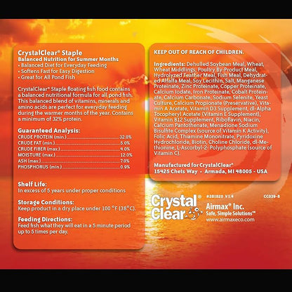 CrystalClear Staple Pond Fish Food for Healthy Koi & Goldfish, Protein Packed Floating Pellets for Summer Nutrition, Easy Digestion, 2.2 Pound Bag