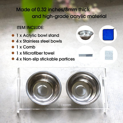 Tilted Raised Elevated Food and Water Bowls Stand for Cat or Small Dogs - Puppy's Clear Acrylic Stainless Steel Dishes Holder for Boy or Girl Pet,Modern,Durable and Easy to Clean by WBhonghui (Clear)