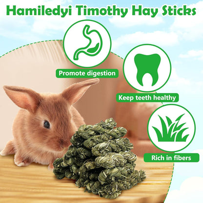 Hamiledyi 30 PCS Rabbit Chew Sticks Natural Grass Timothy Hay Sticks Handmade Guinea Pigs Chew Toys for Teeth Molar Snacks for Chinchilla Bunny Hamster and Other Small Animals
