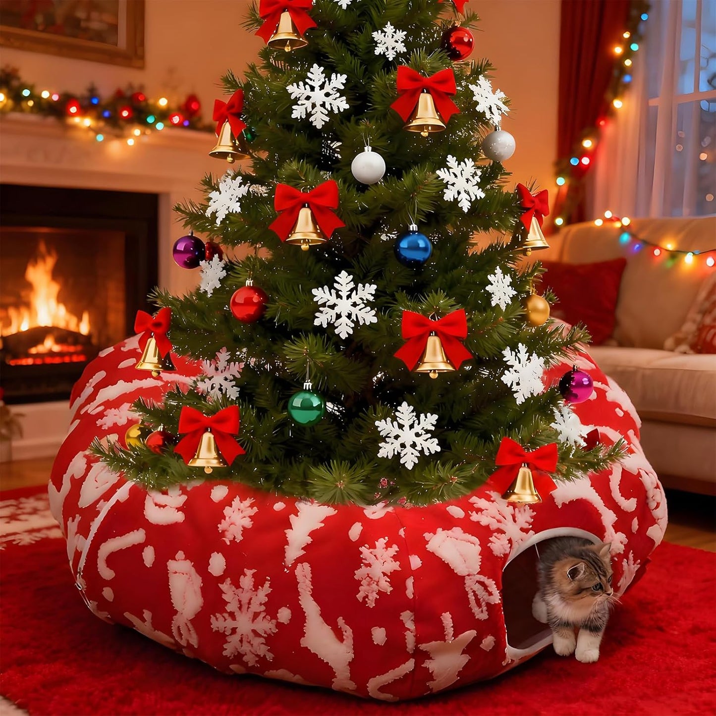 Cat Tunnel Christmas Tree Skirt for Indoor Cats with Bed,Christmas Cat Tunnel Peekaboo Cave Play Christmas Tree Cat Tunnels,Cute Cat Donut Toys Tunnel Skirt Hideout Under Tree