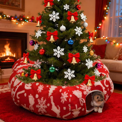 Cat Tunnel Christmas Tree Skirt for Indoor Cats with Bed,Christmas Cat Tunnel Peekaboo Cave Play Christmas Tree Cat Tunnels,Cute Cat Donut Toys Tunnel Skirt Hideout Under Tree
