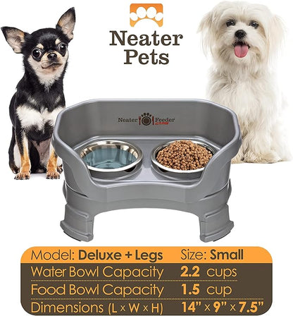 Neater Feeder Deluxe Mess Proof Dog Bowls Elevated for Small Breeds – Made in USA – No Spill Raised Dog Food Bowl Stand w/Leg Extensions – Stainless Steel Dog Food and Water Bowl Set – Grey