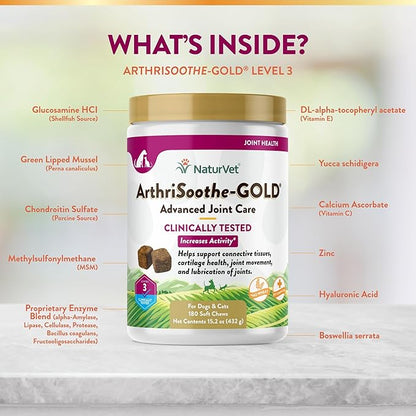 NaturVet ArthriSoothe-Gold Level 3 Advanced Joint Care for Dogs – Soft Chew Dog Supplement with Glucosamine, MSM, Chondroitin & Hyaluronic Acid – Wheat-Free Pet Supplements – 180 Ct.