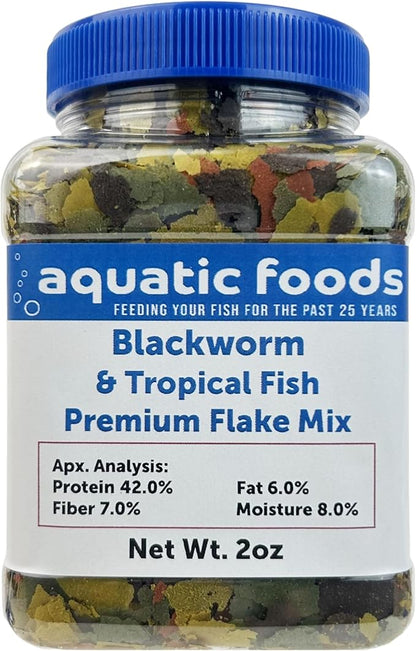 Aquatic Foods Inc. California Blackworm & Premium Tropical Fish Flakes for Discus, Cichlids All Community Tropical Fish Also Pellet Mix, Wafer Mix Included…2oz