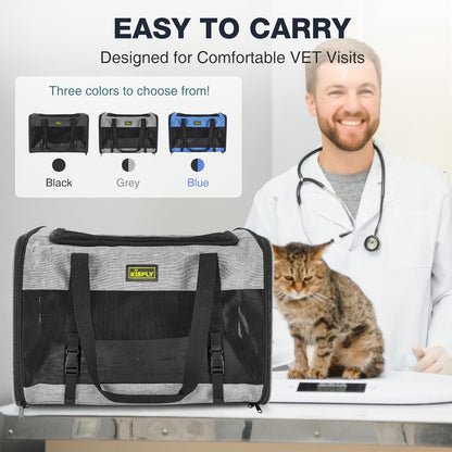 Cat Carrier for 2 Cats/Kitten, Pet Carrier for Cat, Puppy, Small Dog & Bunny, Foldable Soft-Sided Travel Pet Bag, Sturdy Frame Support, up to 25 lbs, Car Seat Belt Compatible, 20x13x13 in, Gray