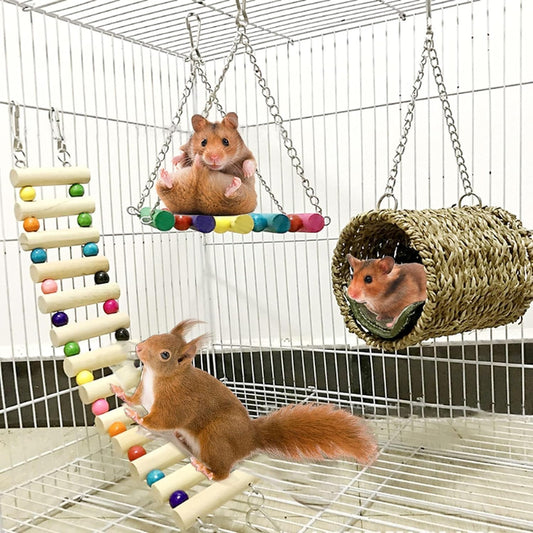 Hamiledyi Hamster Hanging Hammock Basket 3 Piece Wooden Rat Ladder Swing Set Cage Clmbing Toys for Syrian Hamster Sugar Glider Bird Mice Playing Sleeping