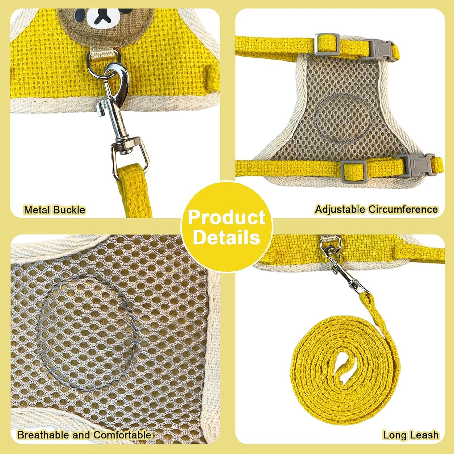 2-Pack Rabbit Harness and Leash Set – Adjustable Small Animal Vest Harness with Safety Buckle – Breathable & Lightweight – Ideal for Rabbits, Ferrets, Guinea Pigs, and Cats (Yellow)