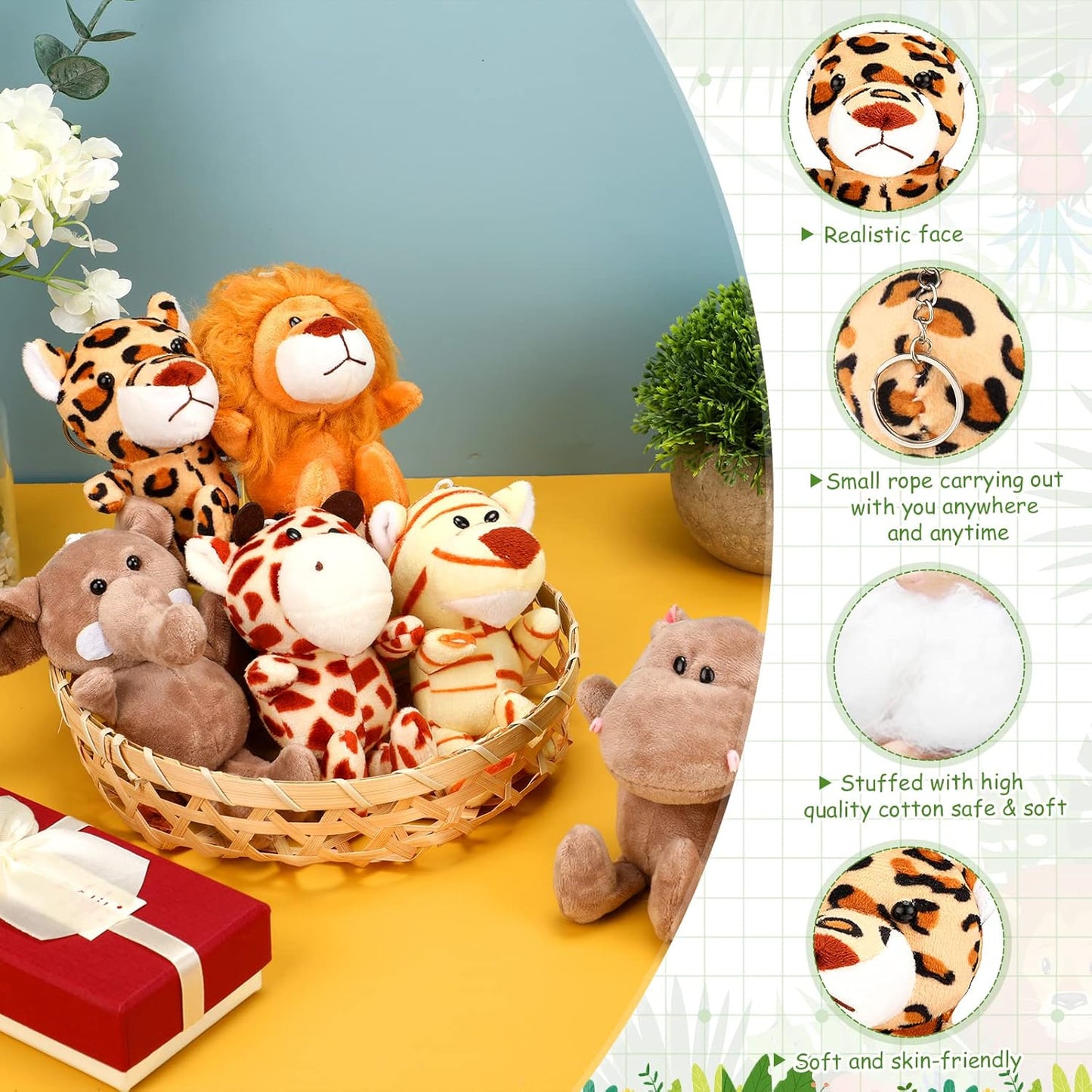 HyDren 18 Pcs Small Safari Stuffed Animals Bulk 4.8 Inch Jungle Animal Mini Plush Toy Lion Tiger Elephant Giraffe Leopard Monkey Figures for Summer, Baby Shower, Birthday Party(Cute Style)