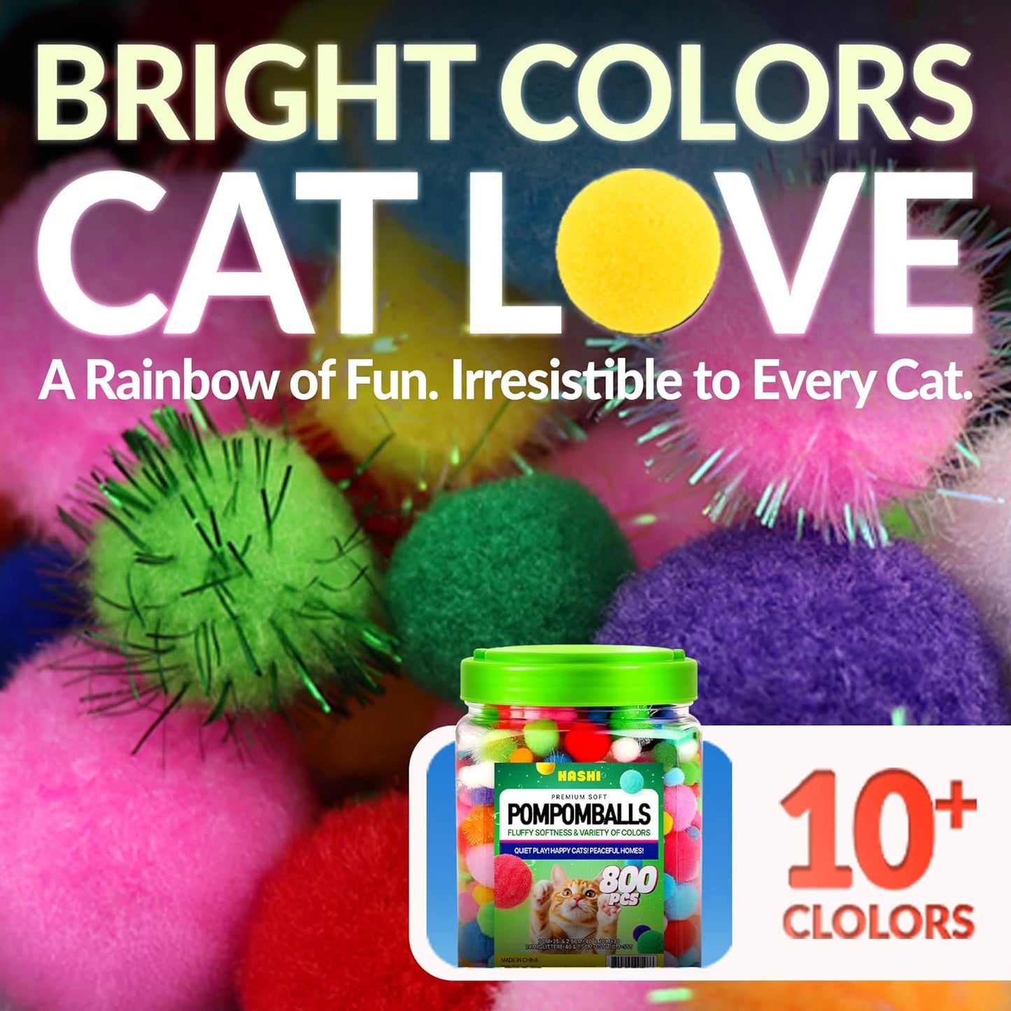 HA SHI Cat Toy Balls – 800-Pack Pom Pom Balls, Soft, Bouncy, Sparkle, Multi-Color & Mixed Sizes, No-Bell Toys for Indoor Cats & Kittens, Great for Quiet Night Play & Small Spaces