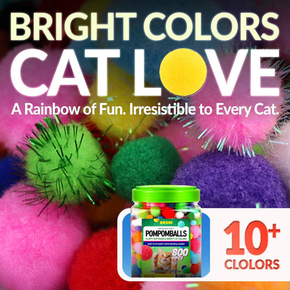 HA SHI Cat Toy Balls – 800-Pack Pom Pom Balls, Soft, Bouncy, Sparkle, Multi-Color & Mixed Sizes, No-Bell Toys for Indoor Cats & Kittens, Great for Quiet Night Play & Small Spaces
