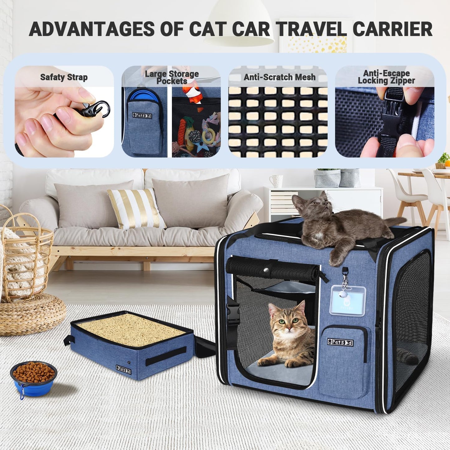 Petskd Combinable Large Cat Carrier with Litter Box for Car Travel, 19"x17"x18" Portable Soft Pet Carrier for 2 Small Cats with Safty Zipper Locks for Vet