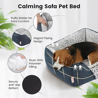 Miguel Washable Dog Bed with Removable Cushion for Medium Small Dogs, Easy to Wash Pet Sofa Bed with Side, Rectangle Bolster Cat Bed Calming Cuddle Puppy Bed with Anti-Slip Bottom, Blue 30 Inch
