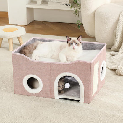 Large Cat Bed for Indoor Cats, Extra Wide Cat Cave House with Scratch Pad and Fluffy Ball, Foldable Cat Hideaway for Kitten Bed, Cat Condo for Cats (Pink, X-Large)