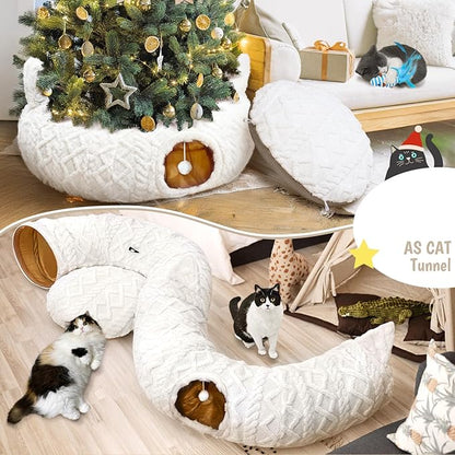 OurWarm Large Cat Tunnel Bed for Indoor Cats with Soft Cushion & Cat Toys, Round Under Tree Cats Donut Tunnel Christmas Tree Skirt, White Plush Pet Peekaboo Cave for Kitten/Puppy/Rabbit to Play