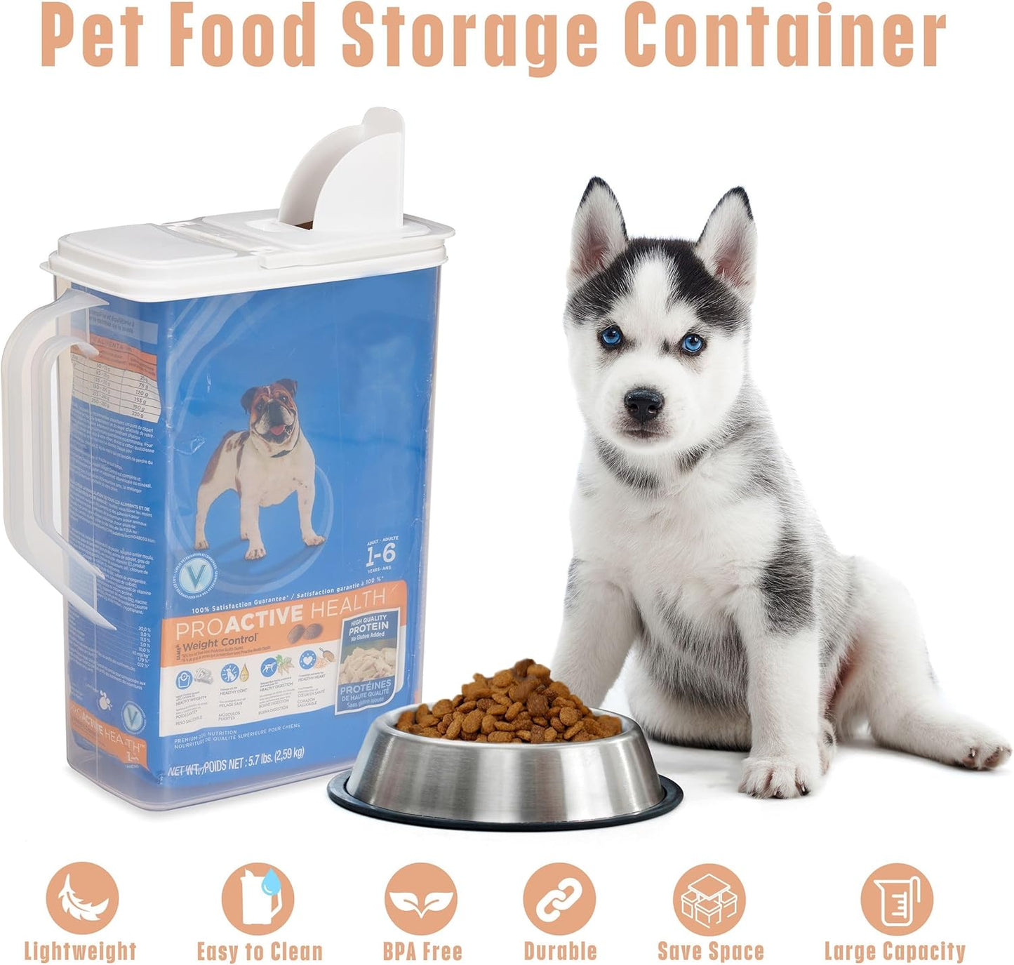 Buddeez Pet Food Storage Container - 8 Quart Capacity Dog / Cat Food & Bird Seed Container with Durable EZ Grip Handle, Flip Gray Lid (includes 1 Cup Clear Scoop)