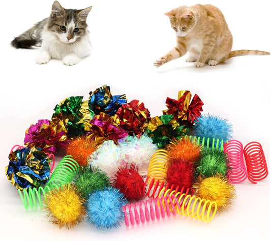 LASOCUHOO Cat Toys, 30 Packs Interactive Cat Toy Pack Including Cat Crinkle Balls, Cat Sparkle Balls, Spiral Springs for Most Cats