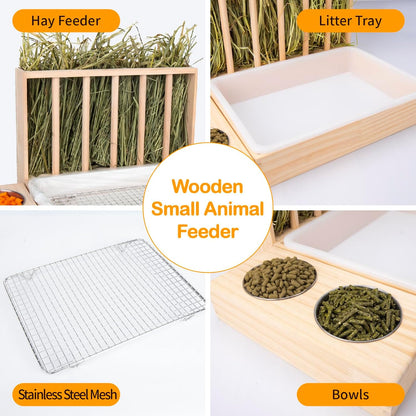 3 in 1 Rabbit Hay Feeder with Litter Box,Upgraded Wooden Hay Feeder Set for Guinea Pig Chinchilla Bunny Other Small Animals,Quick Cleaning & Large Capacity & Preventing Waste