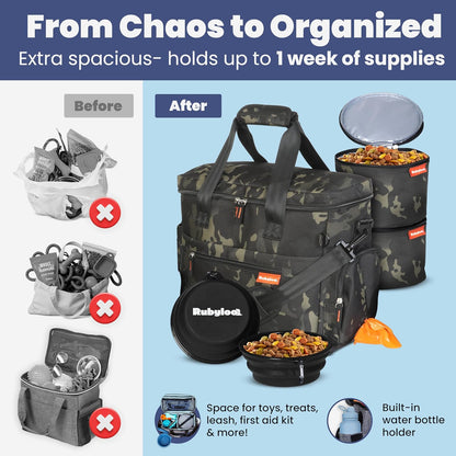 The Original Doggy Bag™- Dog Travel Bag for Supplies - Ultimate Gift for Dog Moms & Dads, Doggy Lovers & Pet Owners for Christmas- Includes 2 BPA-Free Travel Bowls and 2 Food Containers: Camo
