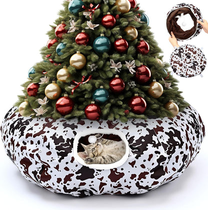 Cat Tunnel Bed Under Christmas Tree 36'' Kitten Circle Donut Tunnel Skirt with Ball Mat Decorative Xmas Folding Home Kitty Guard Tube Holiday Party Indoor Pet (Brown Black White,Cowhide)