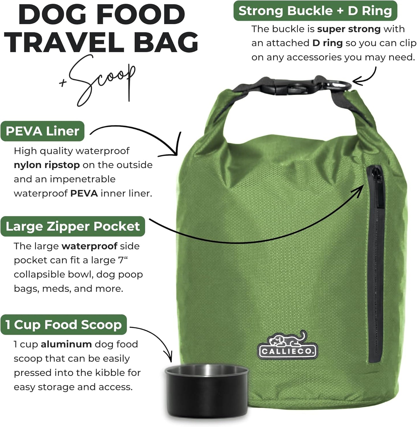 Callieco Dog Food Travel Bag w/ 1 Cup Scoop and Zipper Side Pocket | Waterproof Kibble Storage Container for Home, Road Trips, Camping, Boarding and More (Green, 64 Cups)