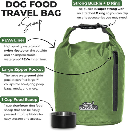 Callieco Dog Food Travel Bag w/ 1 Cup Scoop and Zipper Side Pocket | Waterproof Kibble Storage Container for Home, Road Trips, Camping, Boarding and More (Green, 64 Cups)