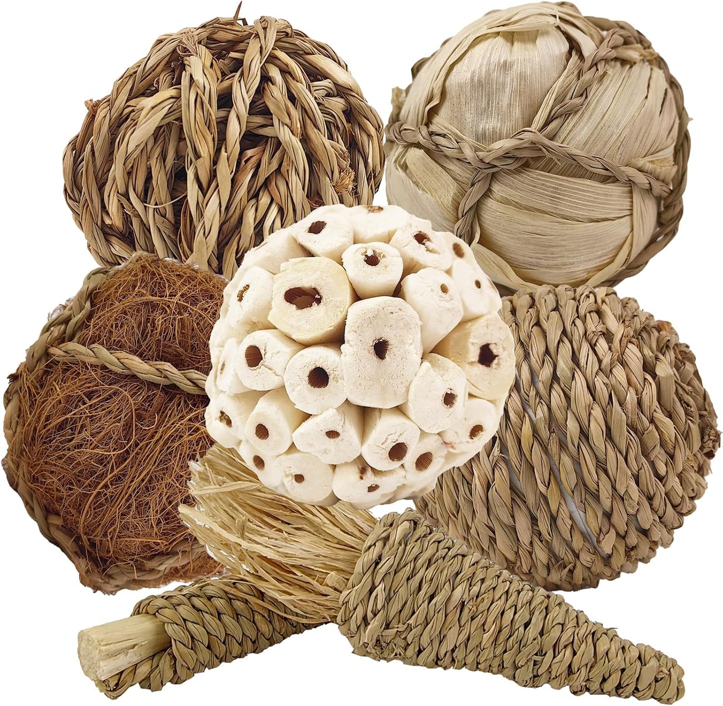 7Pcs Bird Toy Large Chewing Balls - Natural Soft Chew Shredding & Foraging Toy for Cockatiel Conure Quaker Parrot Budgie Parakeet Rabbit Bunny Guinea Pig Chinchilla