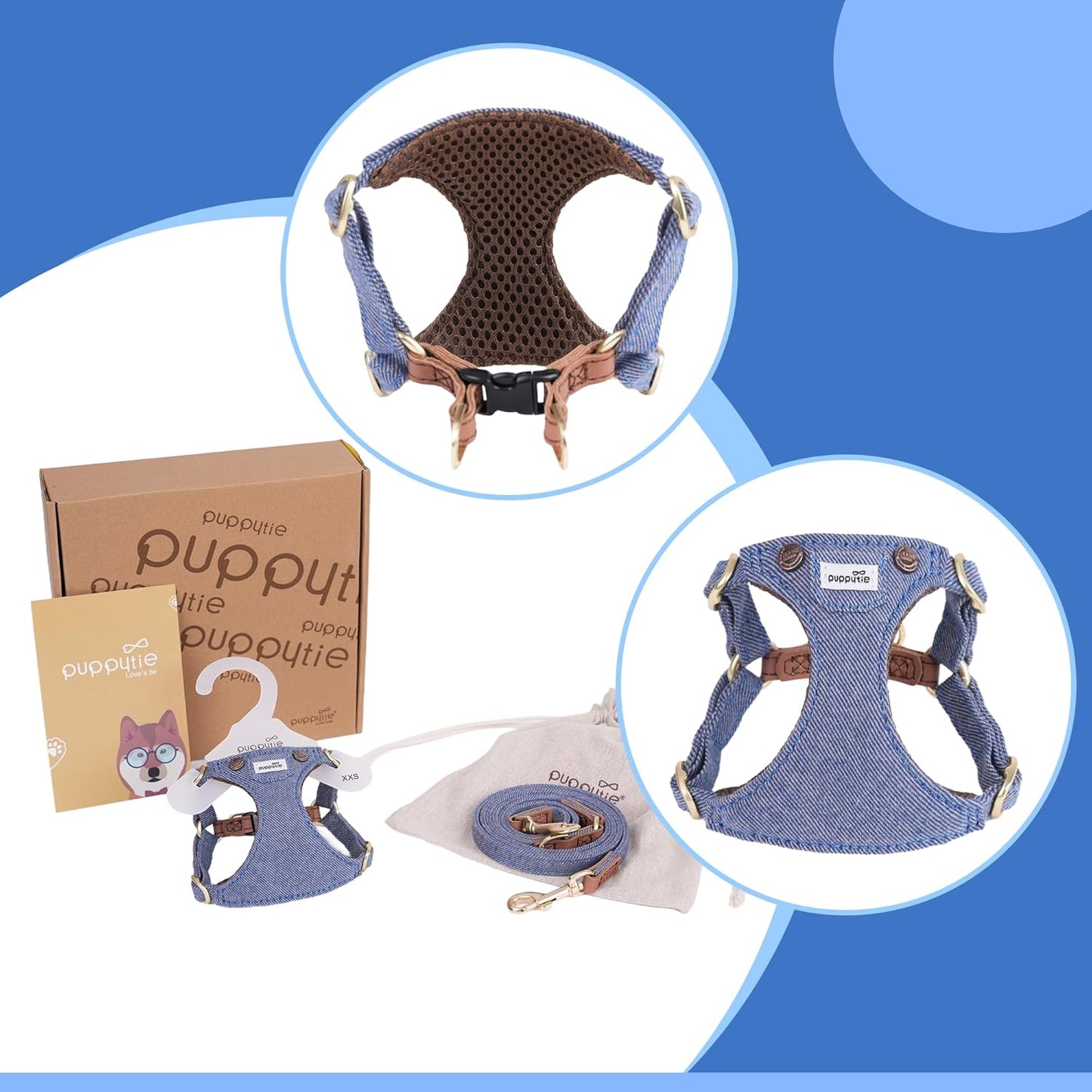 Puppytie No Pull Dog Harness with Multifunction Dog Leash,Soft Adjustable No Choke Escape Proof Pet Harness Vest for Medium Dogs,Denim Light Blue,M