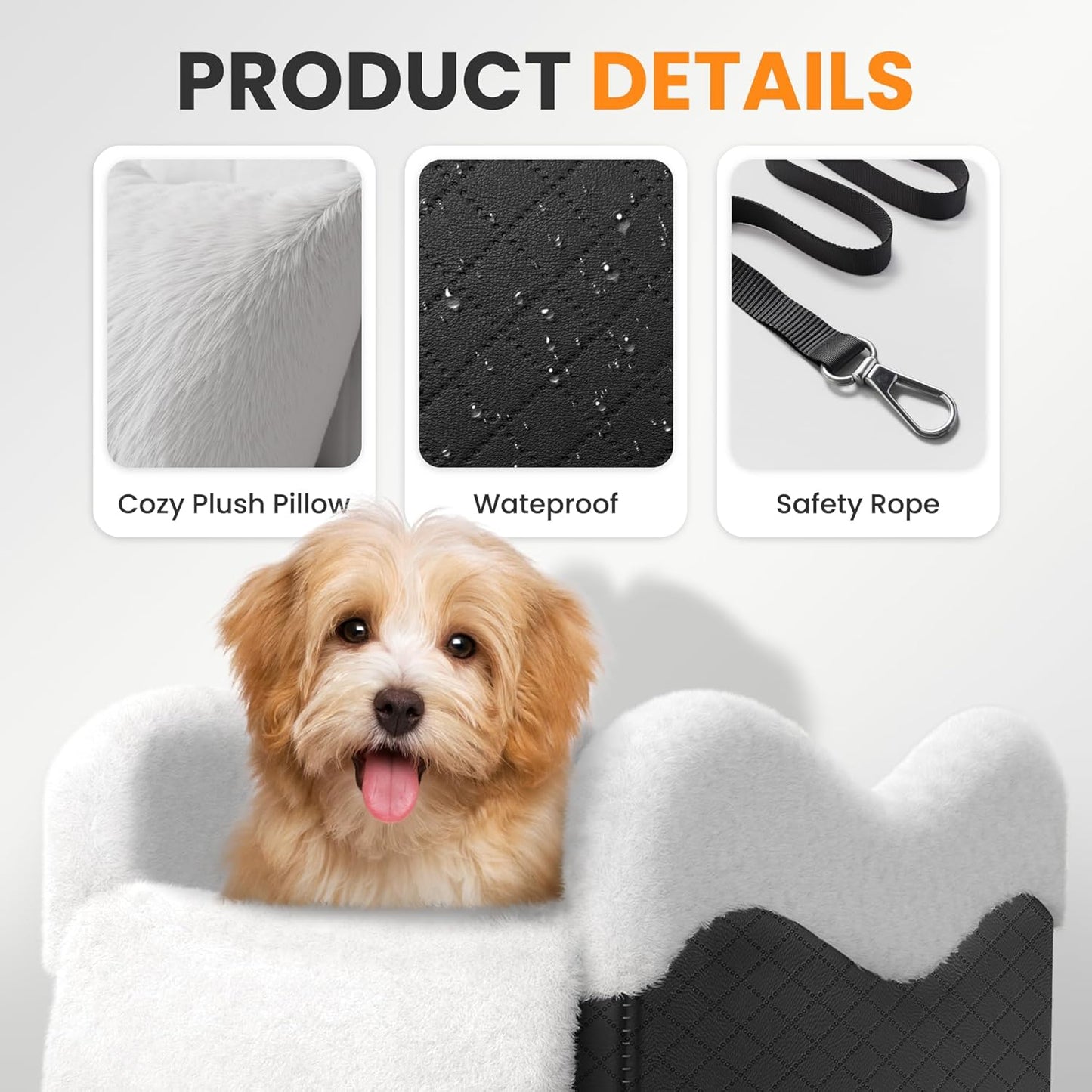 Portable Small Dog Seat for Car, Luxury Center Console Dog Car Seat Booster with Safety Tethers, Auti-Collapse Pet Travel Carseat for SUV, Truck (Black/White)