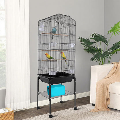 Extra Large Bird Cage, 54" Rolling Breeding Flight Bird Cages w/ 360° Wheels, Open Play Top Bird Cage with Detechable Stand for Parrots, Caiques, Macaw (Black)